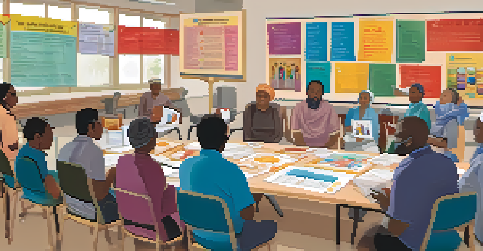 A community health workshop with diverse participants discussing health issues, led by a facilitator with visual aids and multilingual banners.