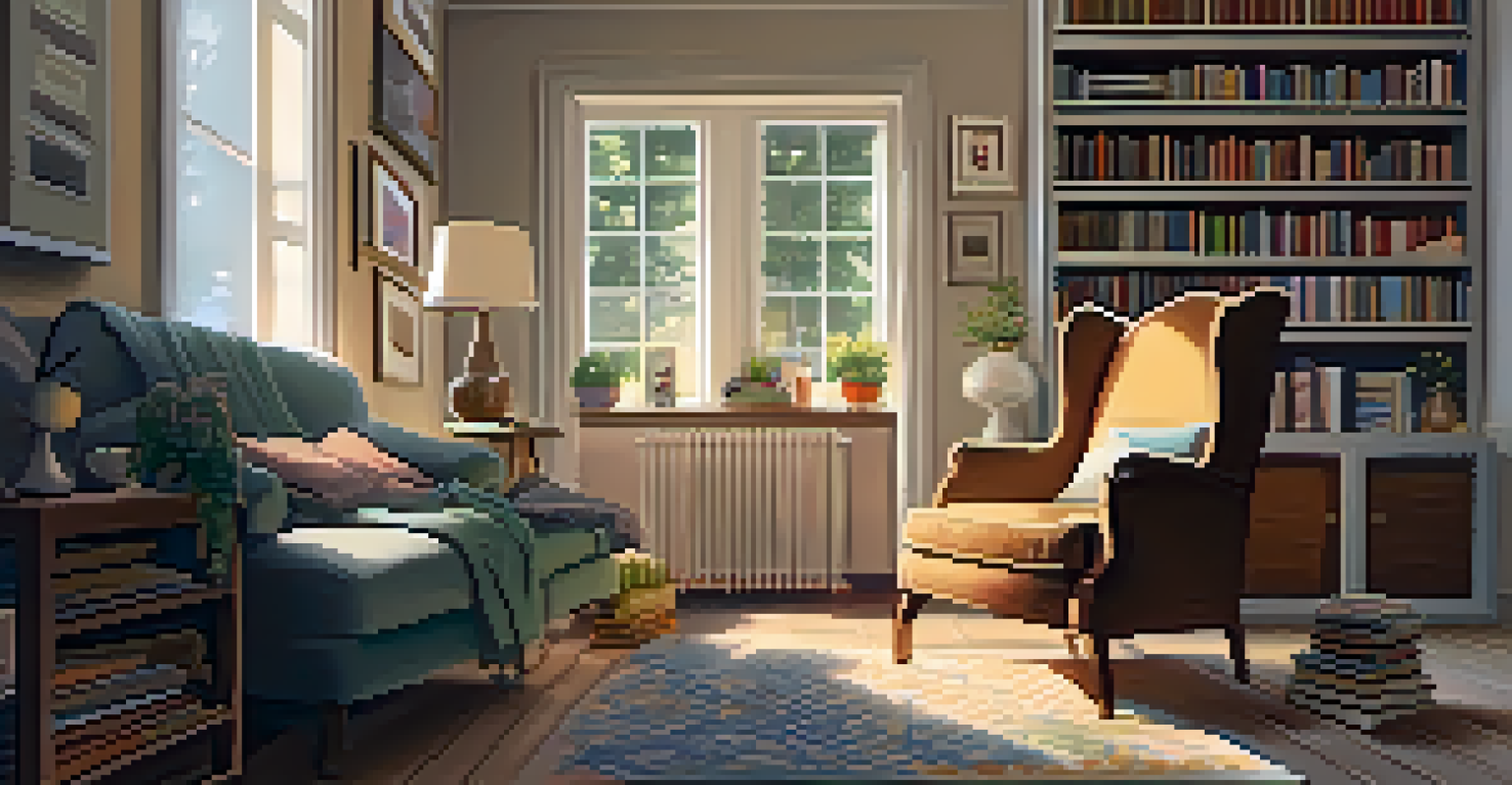 An elderly woman reading a book in a cozy living room, with a cup of tea and healthy snacks on a table beside her.