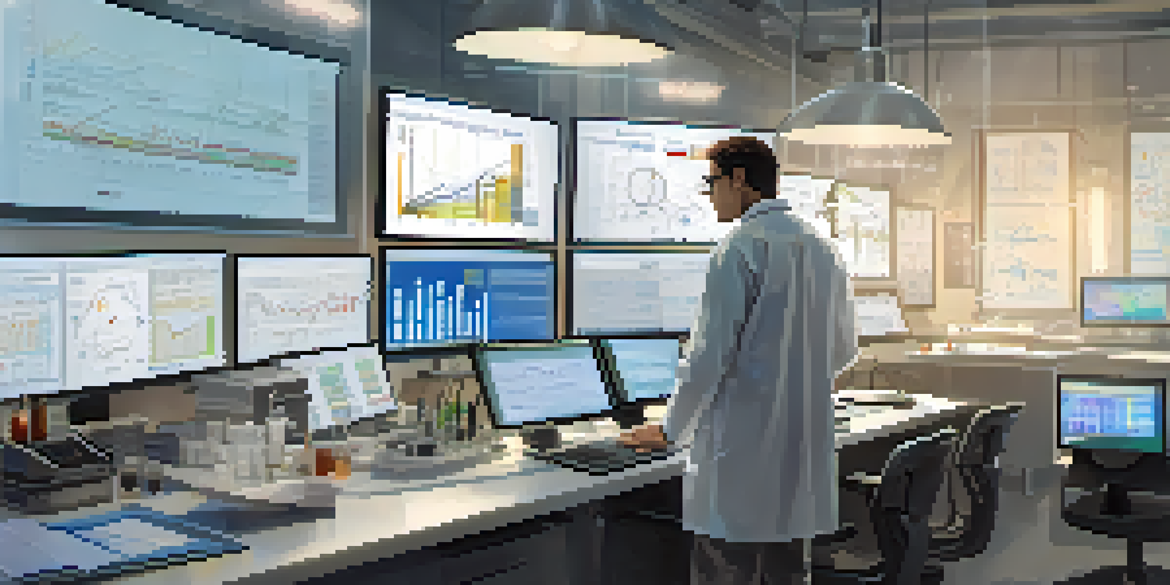 A focused researcher in a bright laboratory, analyzing data on a computer with charts and graphs around them.