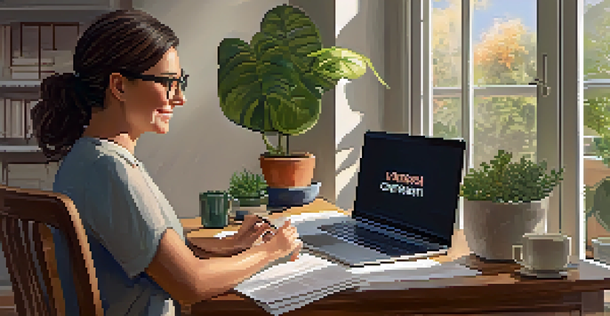 A therapist in a cozy home office engaging in a telepsychology session, with warm lighting and plants in the background.