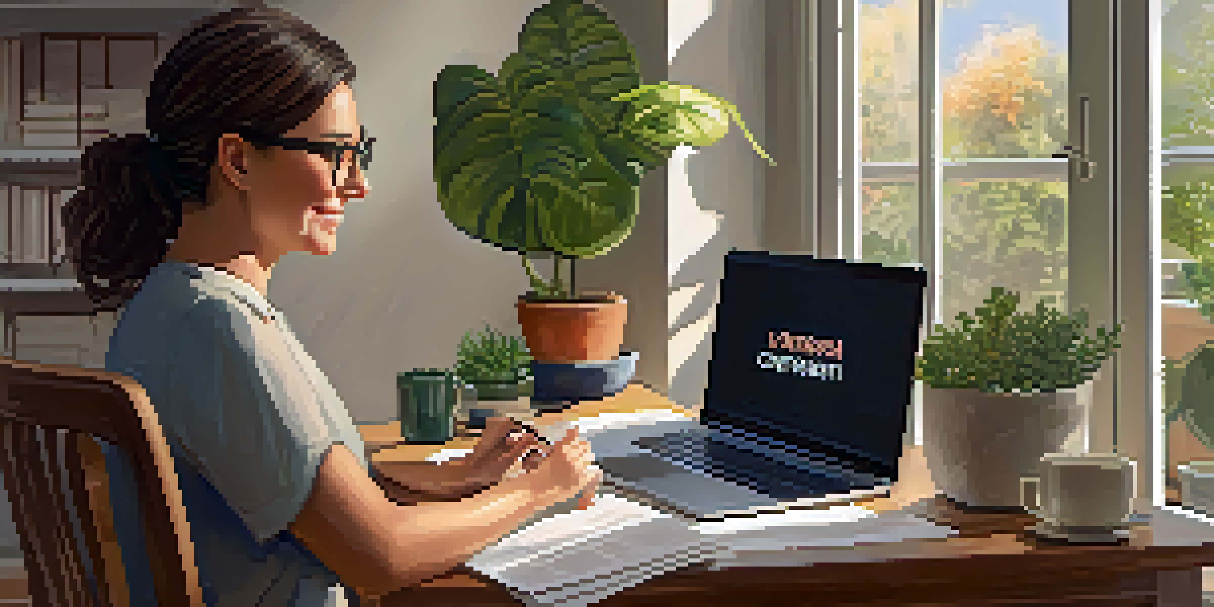 A therapist in a cozy home office engaging in a telepsychology session, with warm lighting and plants in the background.