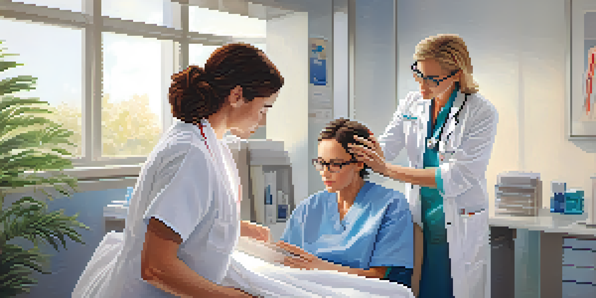 A dermatologist and a young adult patient in a modern clinic, discussing skin health with medical charts in the background.