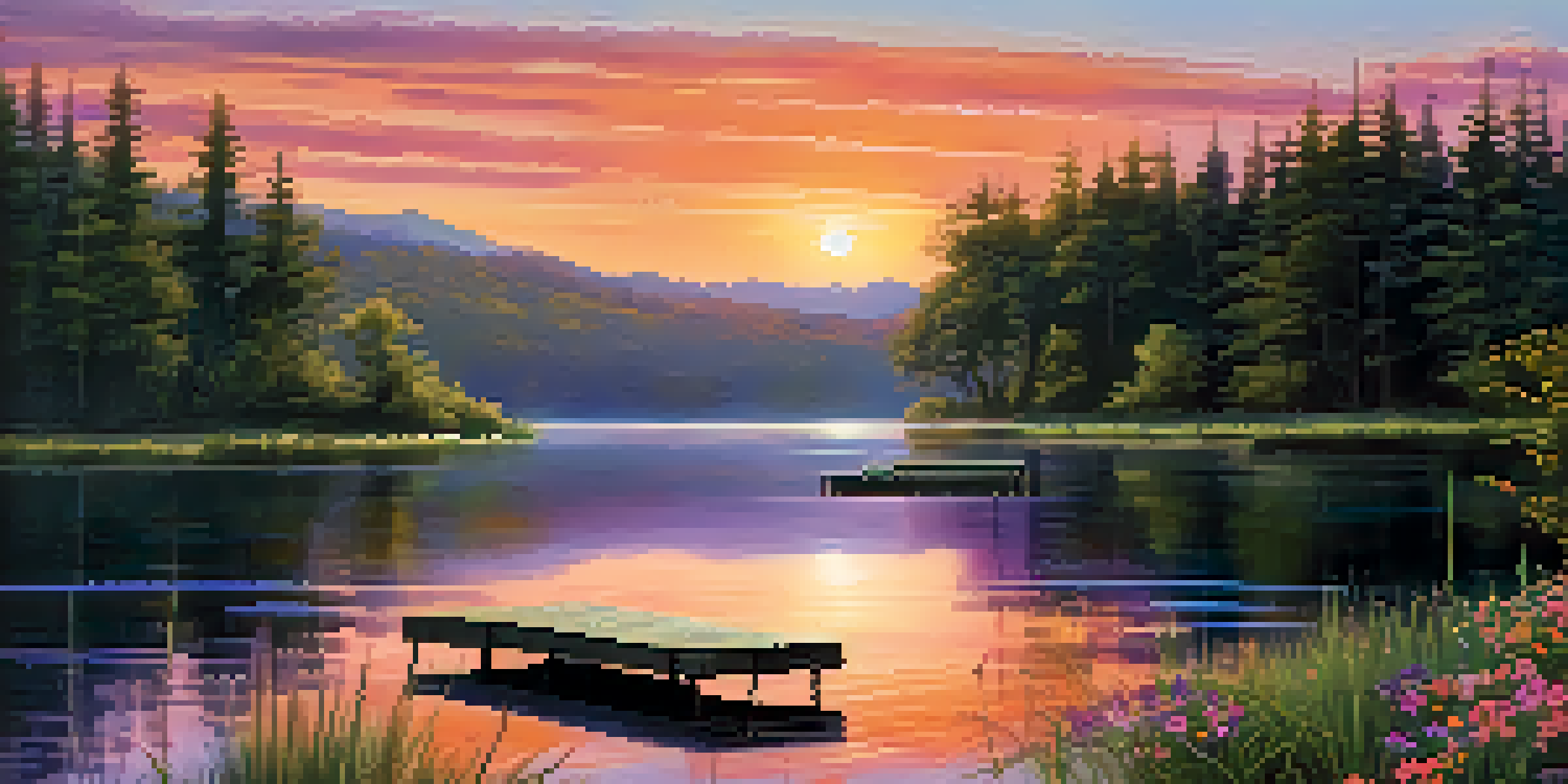 A tranquil sunset over a calm lake with colorful reflections and wildflowers in the foreground.