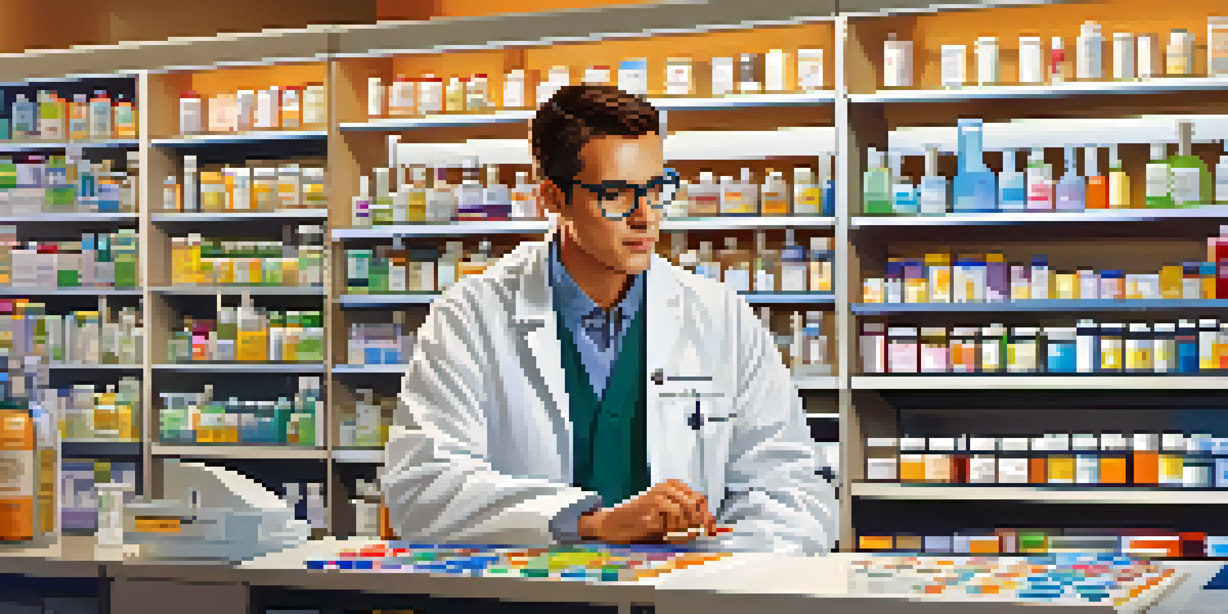 A pharmacist in a modern pharmacy analyzing medication data on a computer, with shelves of colorful medicine bottles in the background.