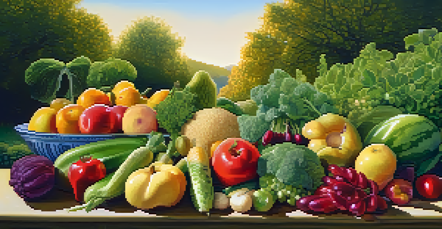 A colorful garden filled with fruits and vegetables, illustrating the beneficial effects of diet on epigenetics in bright sunlight.