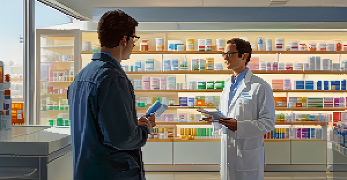 A pharmacist talking to a patient, showing attentiveness and care in a well-lit pharmacy.