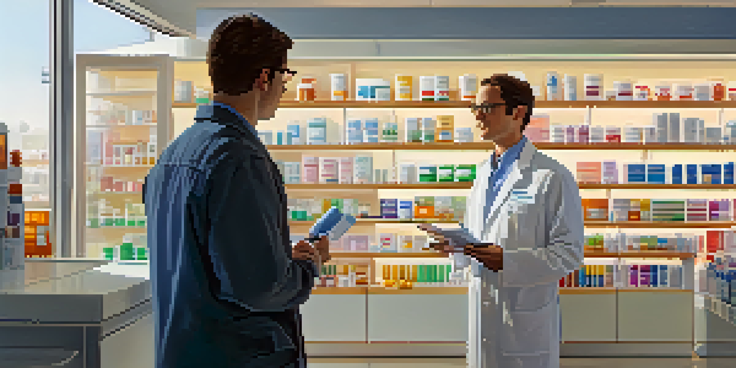 A pharmacist talking to a patient, showing attentiveness and care in a well-lit pharmacy.