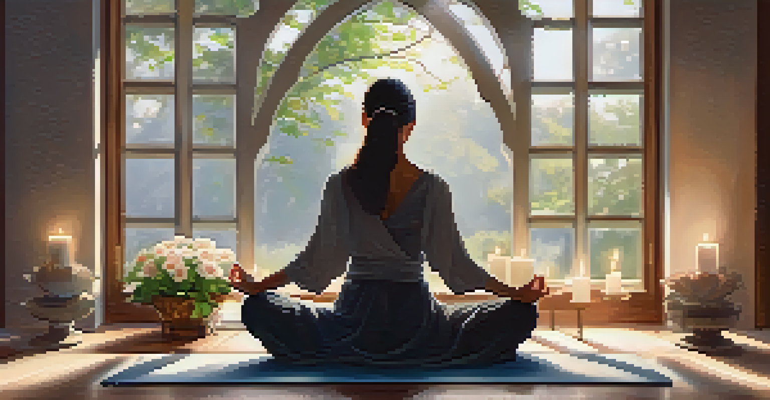 A person meditating on a yoga mat in a serene indoor space with soft lighting and an altar.