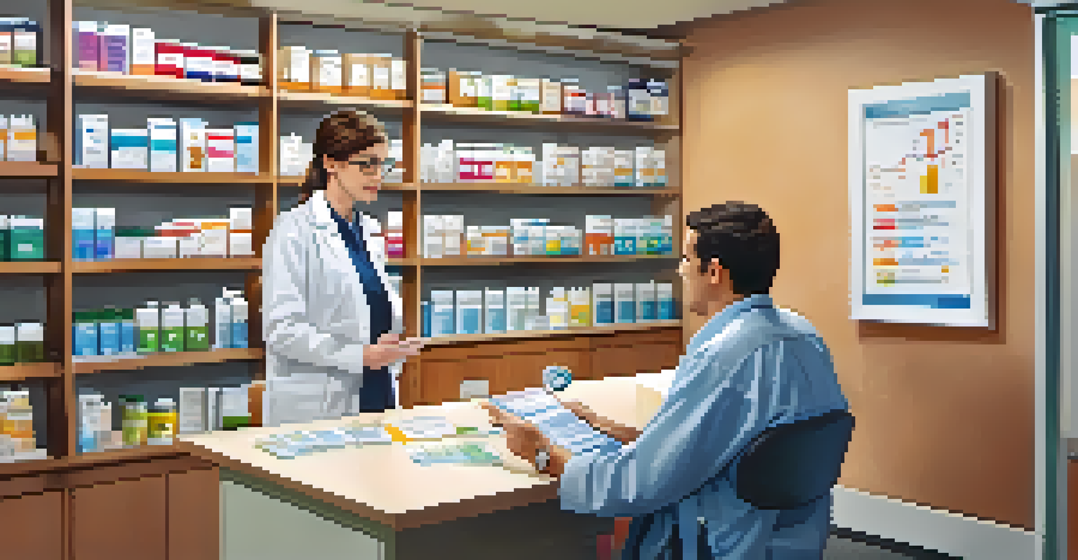 A pharmacist and a patient in a consultation room discussing medication therapy management, with educational materials on the walls.