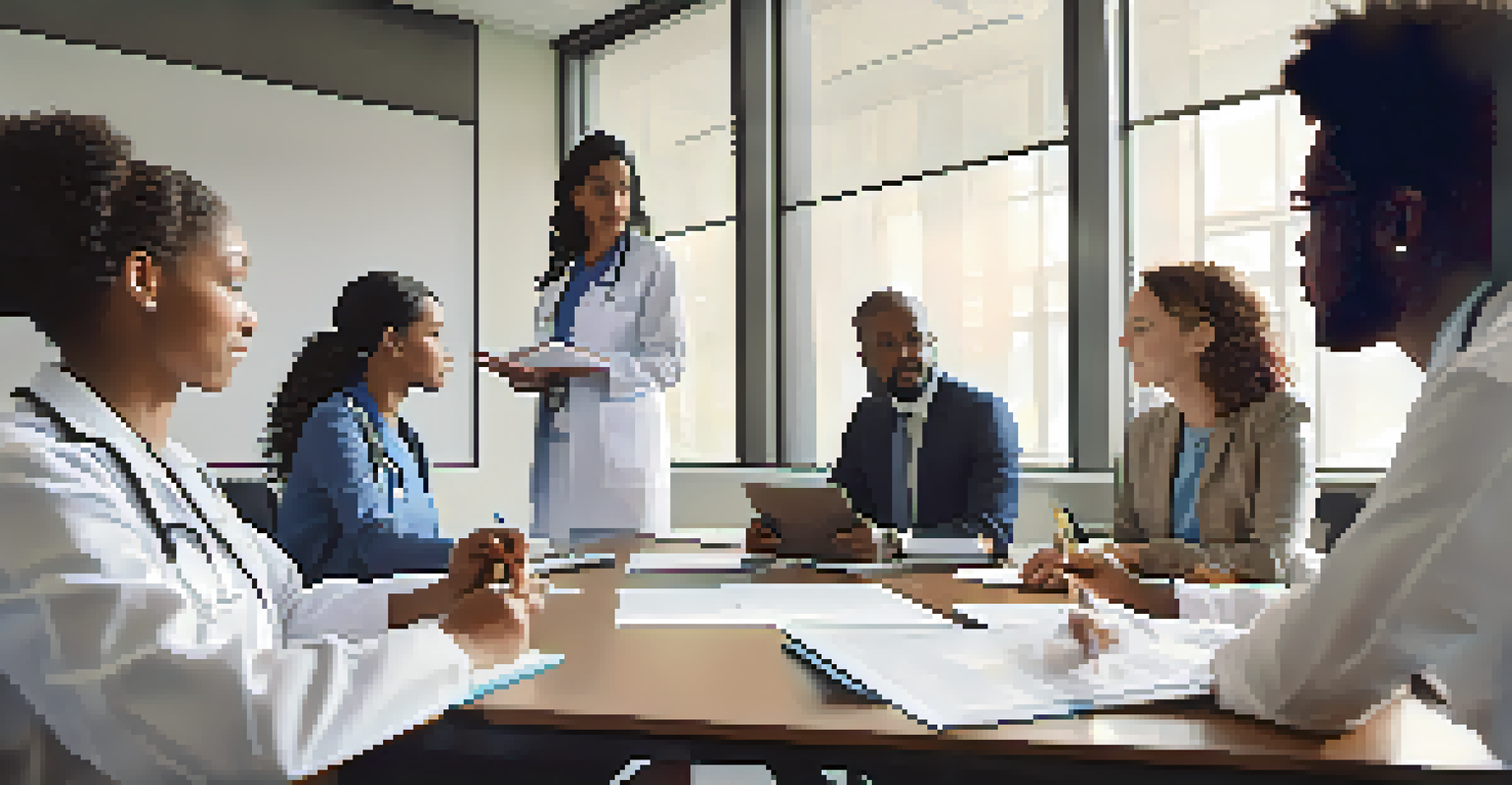 A diverse group of healthcare professionals discussing health literacy strategies in a modern meeting room.