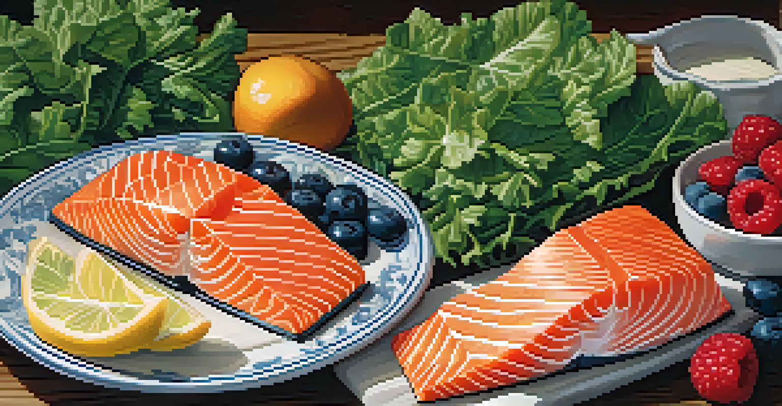 Arrangement of anti-inflammatory foods like salmon, leafy greens, and berries on a wooden table.