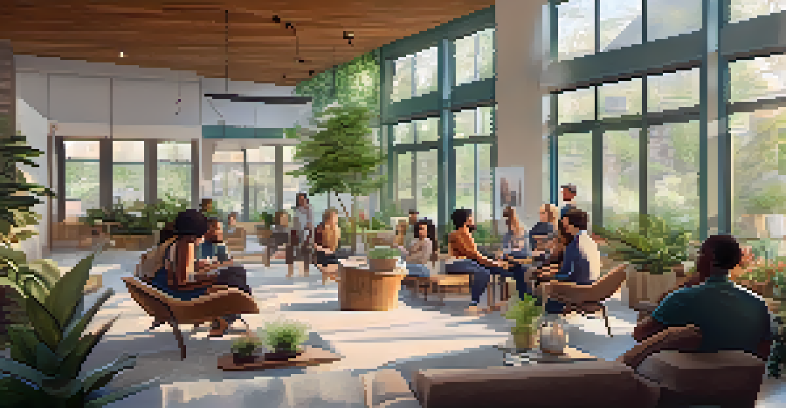 A cozy wellness community space with people engaged in discussion, surrounded by plants and natural light, evoking a sense of connection.
