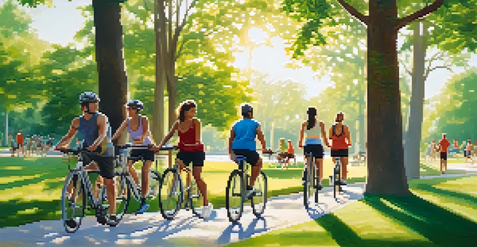 A group of diverse individuals participating in healthy outdoor activities in a park, surrounded by greenery and sunlight.