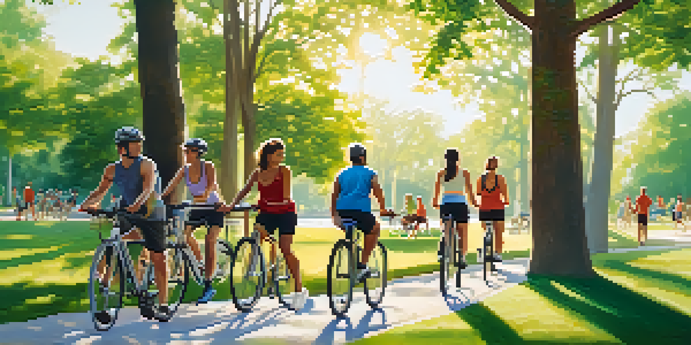 A group of diverse individuals participating in healthy outdoor activities in a park, surrounded by greenery and sunlight.