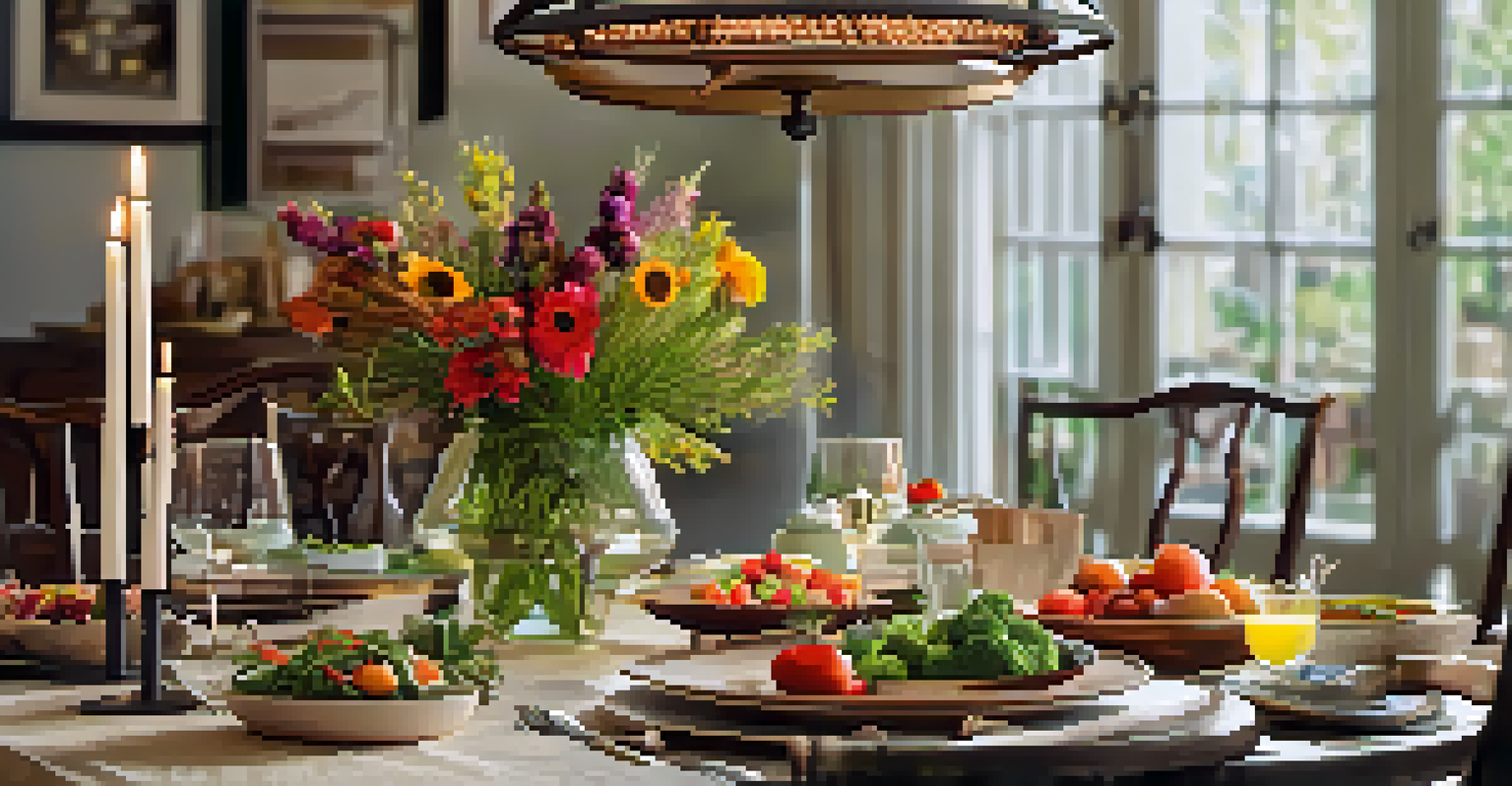 A beautifully set dining table with colorful healthy dishes, flowers, and candlelight, perfect for family meals.