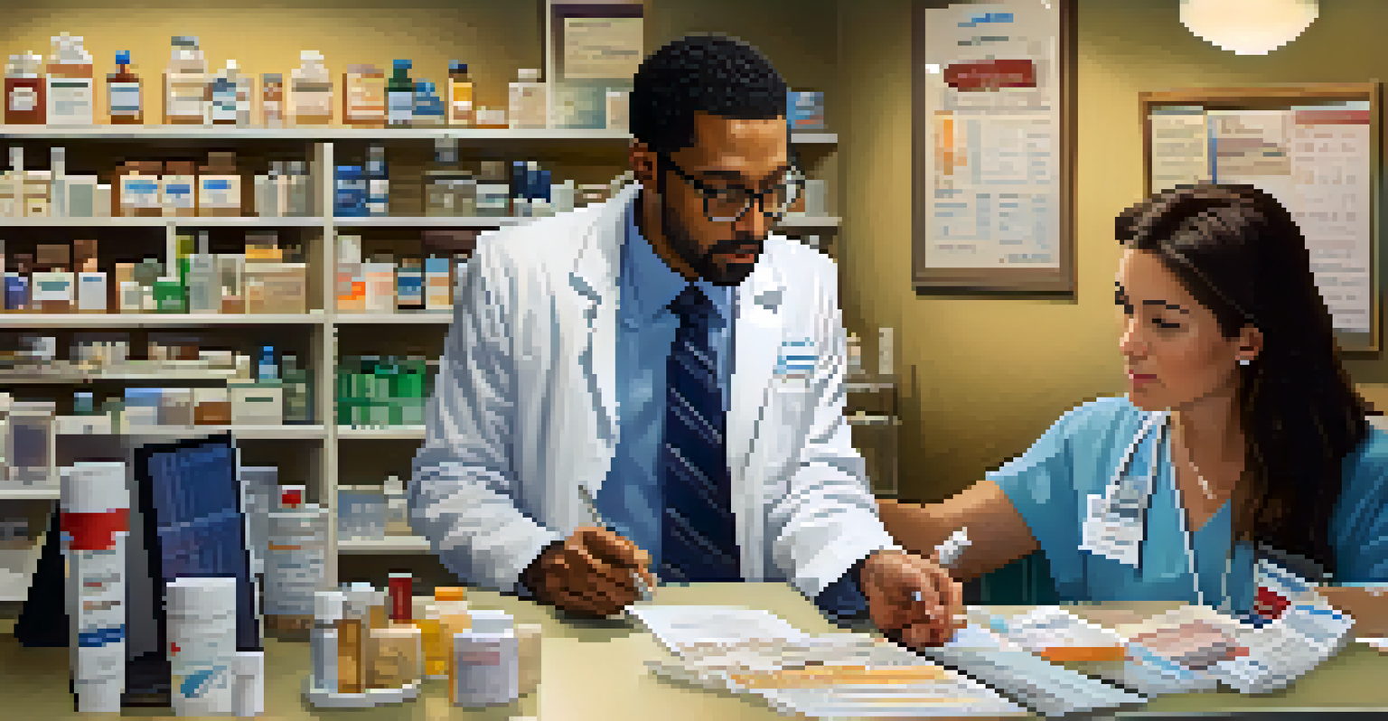 A pharmacist and a patient discussing medication at a consultation desk, with various medical items around.
