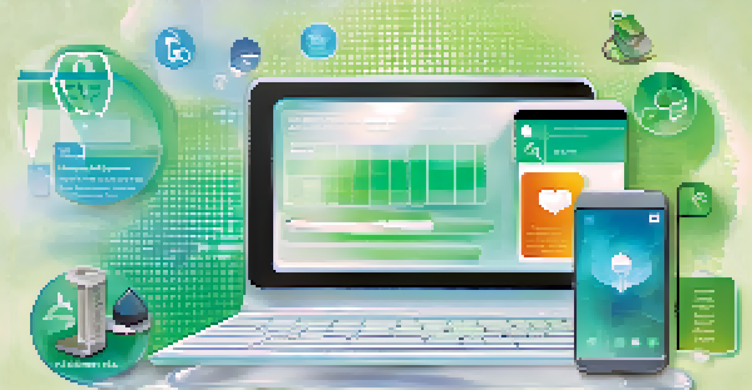 A digital collage of technologies promoting health literacy, including a smartphone and laptop.