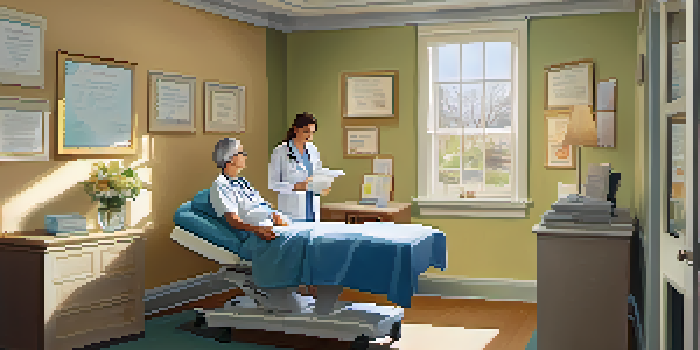 A healthcare provider discussing pain management with a patient, surrounded by visual aids in a warm and inviting consultation room.