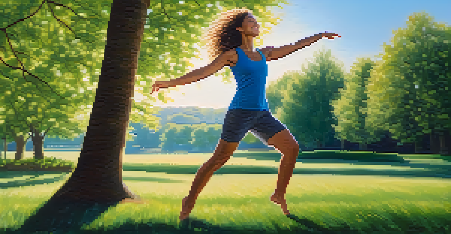 A joyful person dancing or practicing yoga in a sunlit park, surrounded by green trees and a clear blue sky.