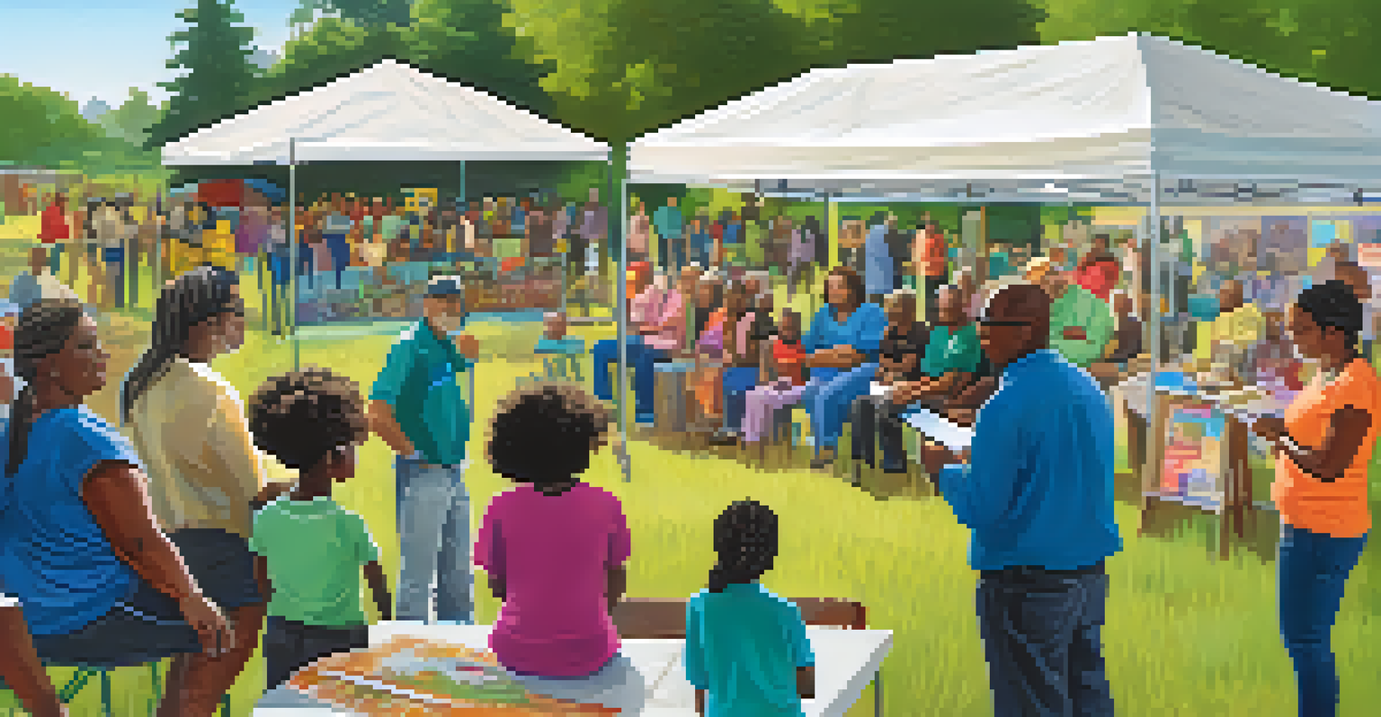 A vibrant community health workshop outdoors, with local leaders engaging with families about health practices, surrounded by colorful posters.