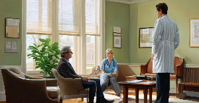 A doctor and patient in a healthcare office, engaging in a compassionate conversation.