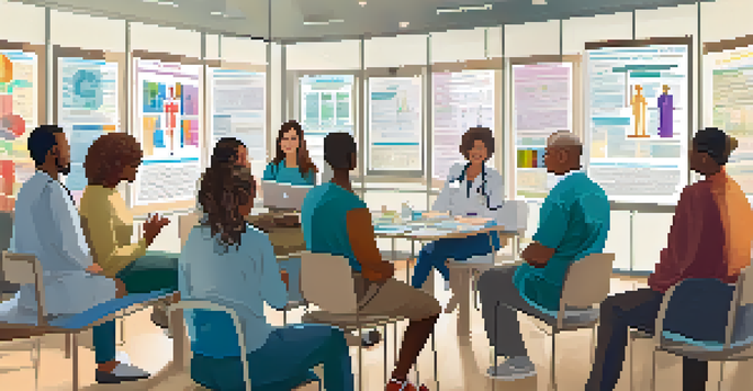 A diverse group of clinical trial participants engaging in discussion with a researcher in a bright, welcoming room filled with medical charts and monitors.