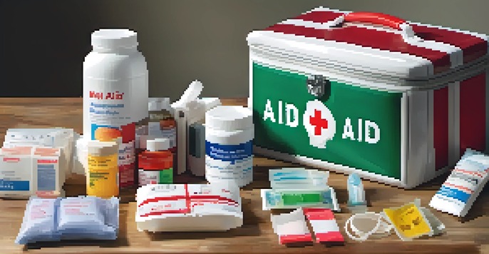 A close-up view of a first aid kit containing band-aids and antiseptic wipes, placed on a wooden table with natural light.