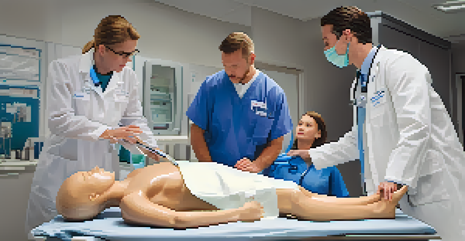 Healthcare professionals working together in a simulated emergency, surrounding a mannequin with medical tools, showcasing teamwork under soft lighting.