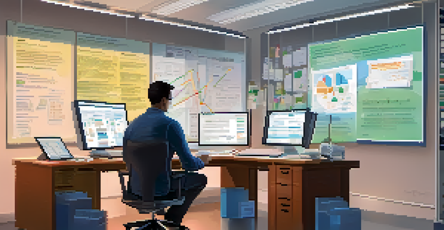 A researcher focused on analyzing health data on a computer, with charts and graphs around them, in a bright and organized workspace.