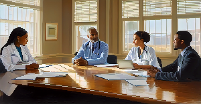A diverse group of healthcare professionals in a conference room discussing ethics, with documents and a laptop on the table.