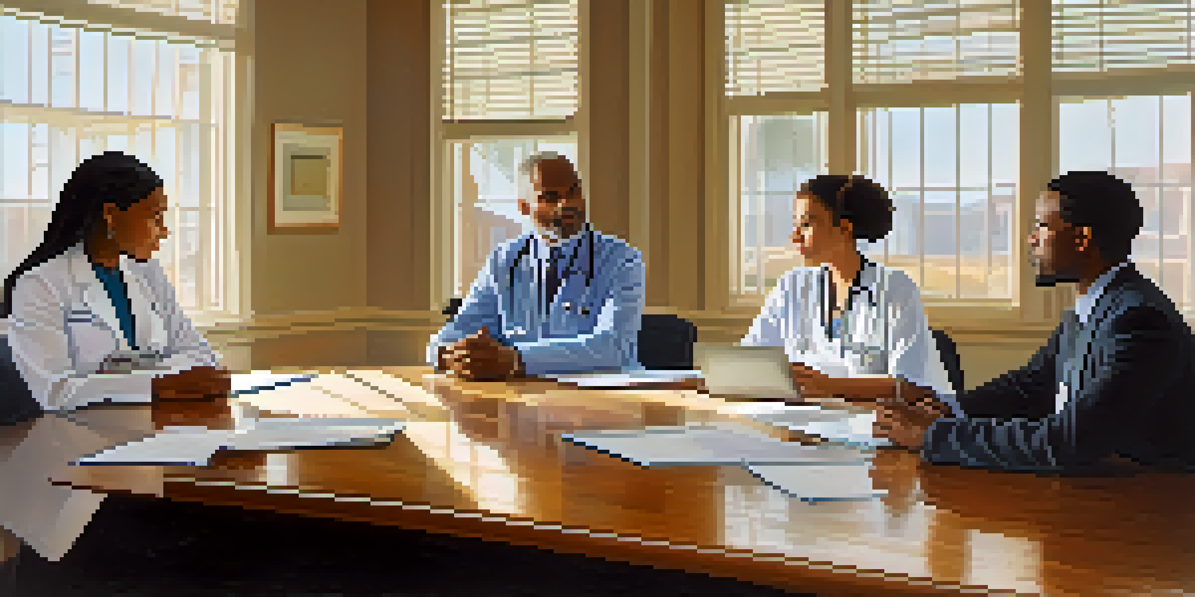 A diverse group of healthcare professionals in a conference room discussing ethics, with documents and a laptop on the table.