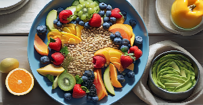 A colorful plate of heart-healthy foods including fruits, vegetables, whole grains, and lean proteins arranged artistically and illuminated by soft natural light.
