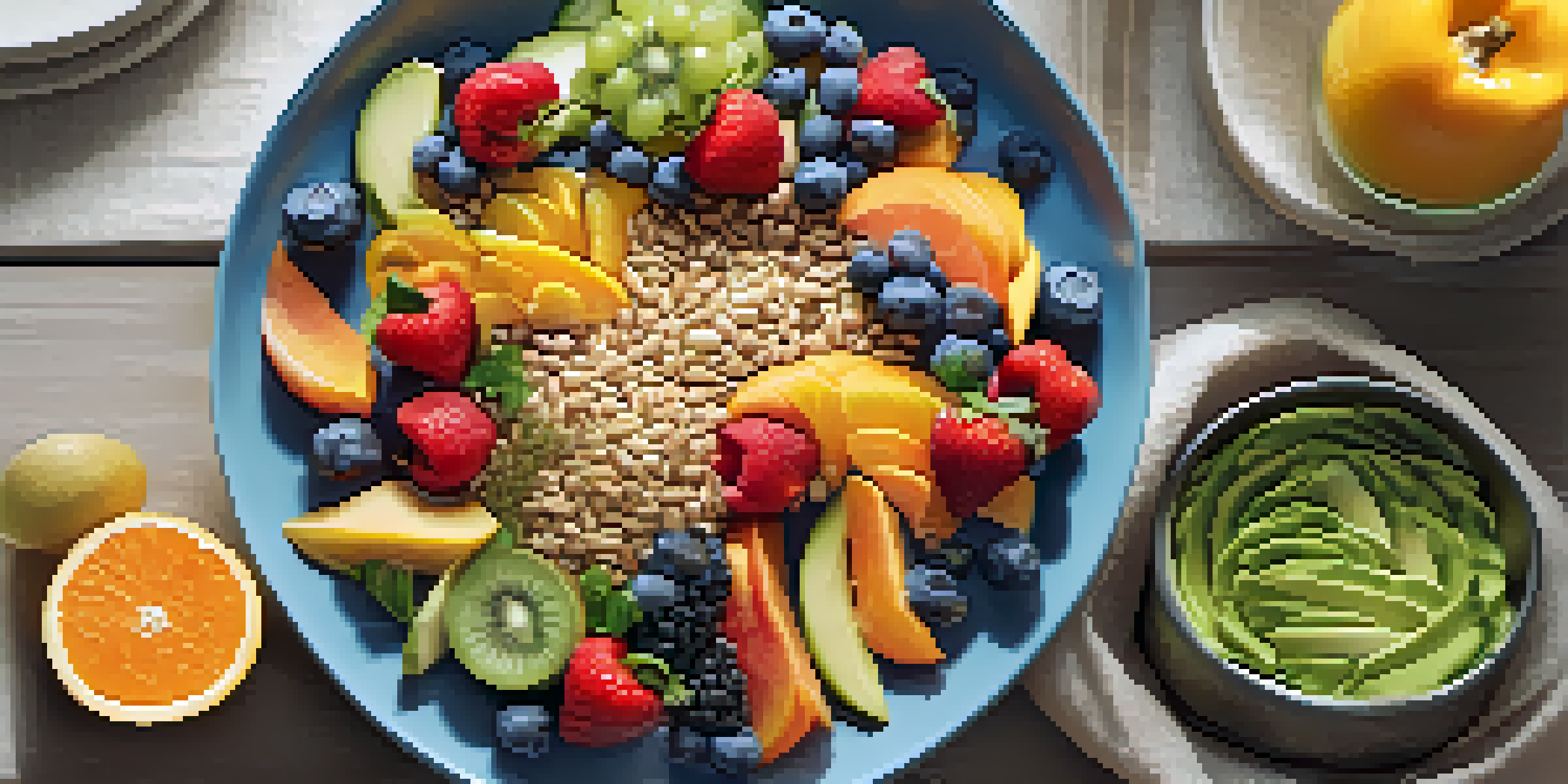 A colorful plate of heart-healthy foods including fruits, vegetables, whole grains, and lean proteins arranged artistically and illuminated by soft natural light.