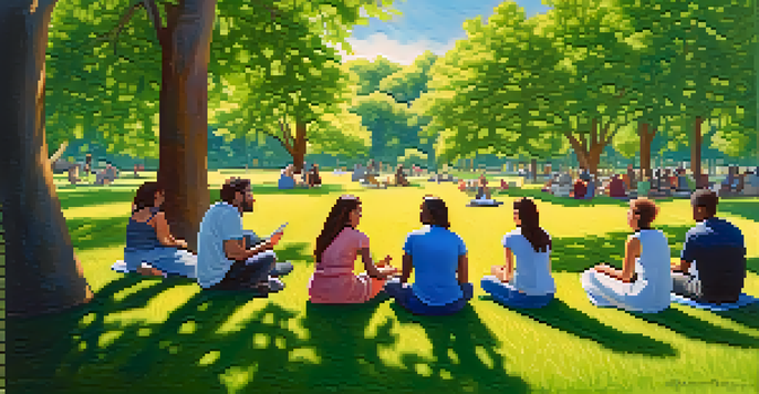 A diverse group of people sitting in a circle on picnic blankets in a sunny park, sharing stories and experiences.