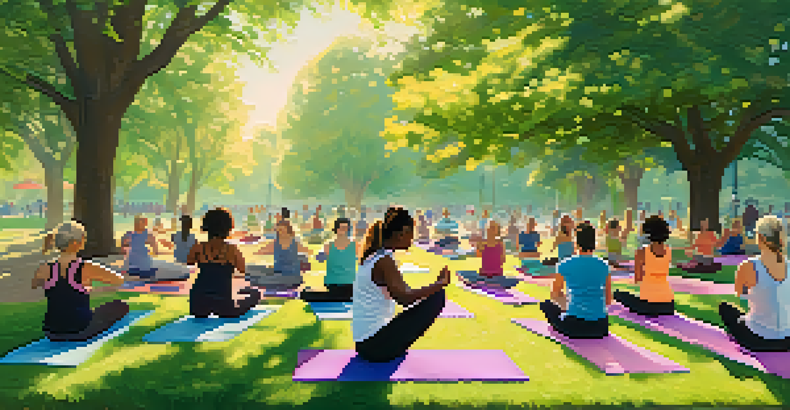 A diverse group of people participating in a yoga class outside in a sunny park.