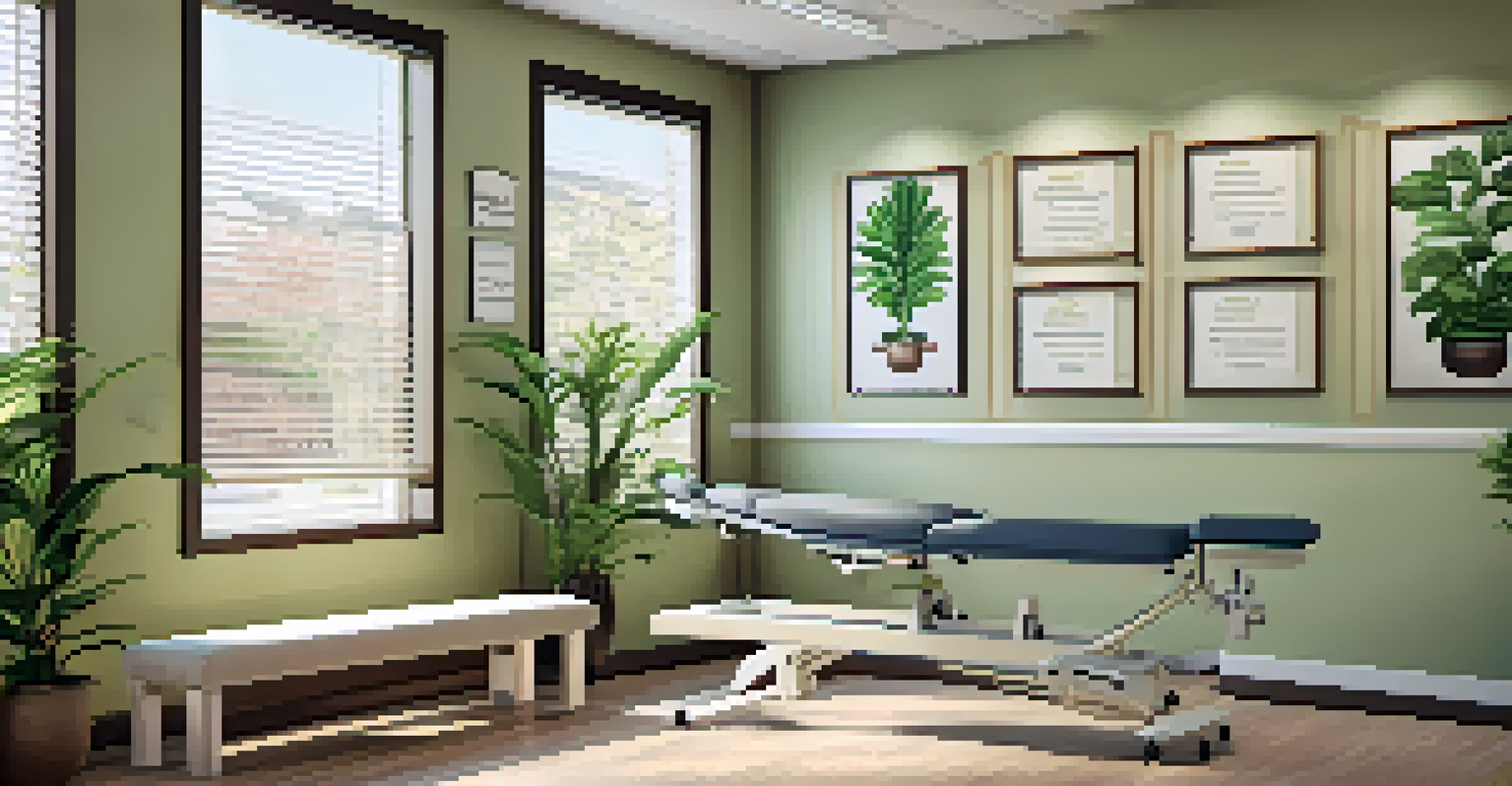 A peaceful chiropractic clinic interior with natural light, a chiropractic table, and decorative plants.