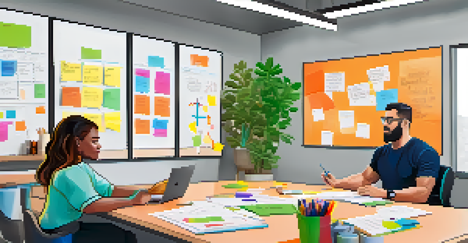 Health coach and client brainstorming goals in a bright office, with a whiteboard filled with colorful notes.