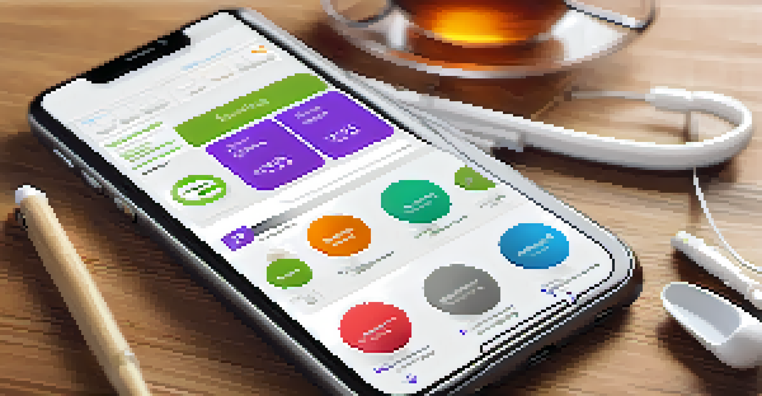 A smartphone displaying a colorful mobile health app interface, surrounded by a cup of tea and a notepad.