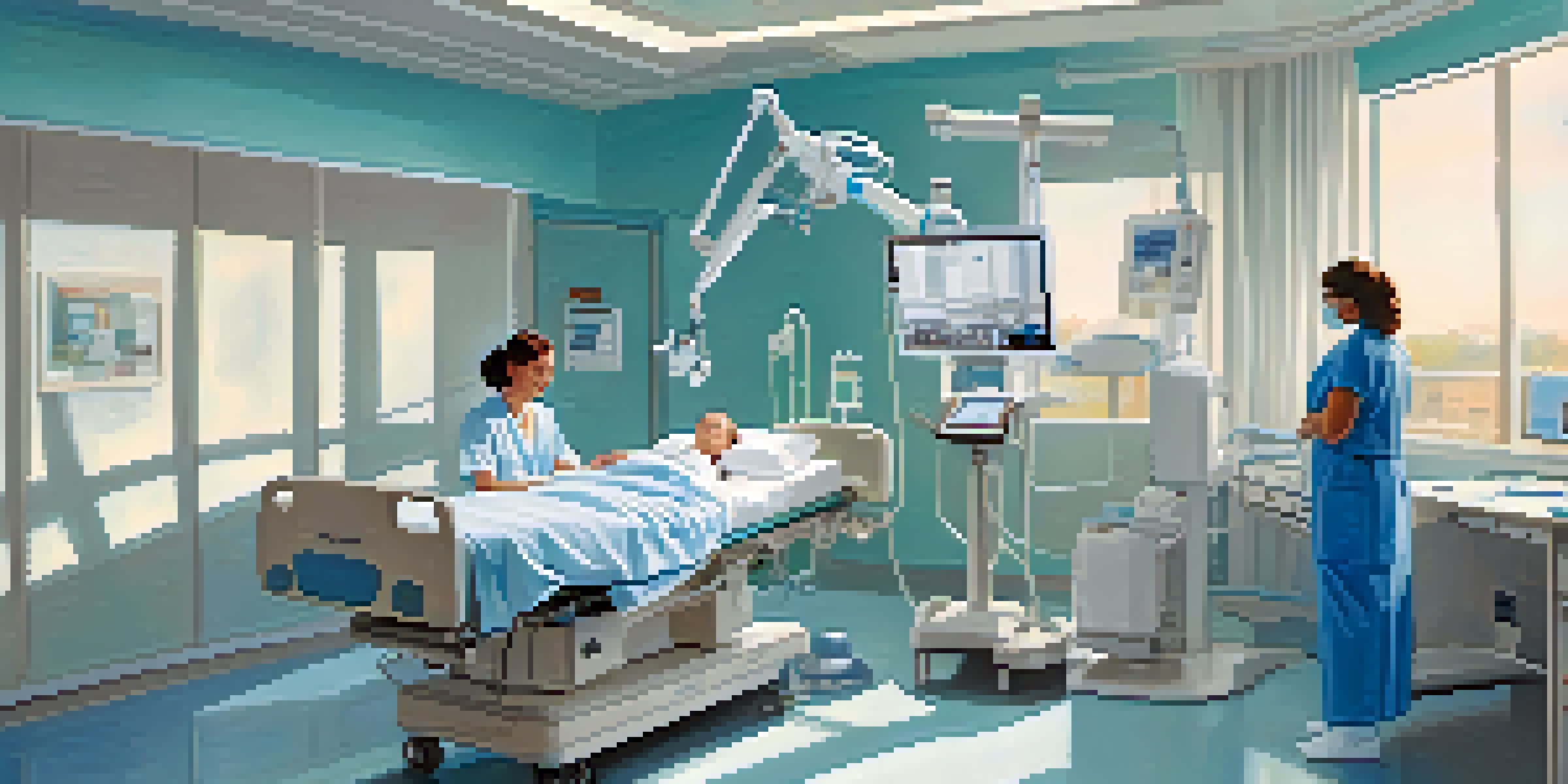 A patient recovering in a hospital room after robotic-assisted surgery with a nurse checking vital signs.
