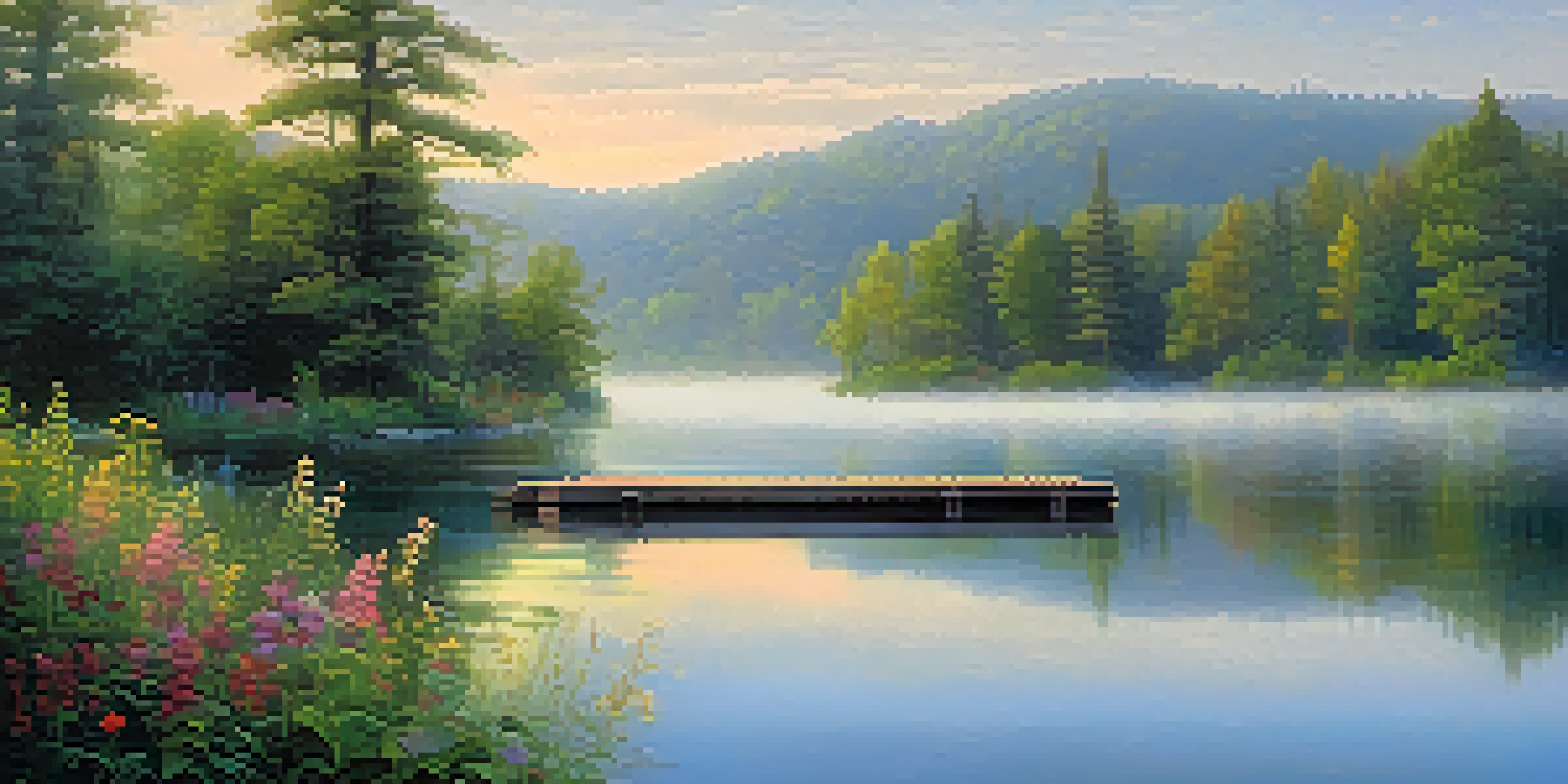 A tranquil lakeside landscape at sunrise with mist and colorful wildflowers.