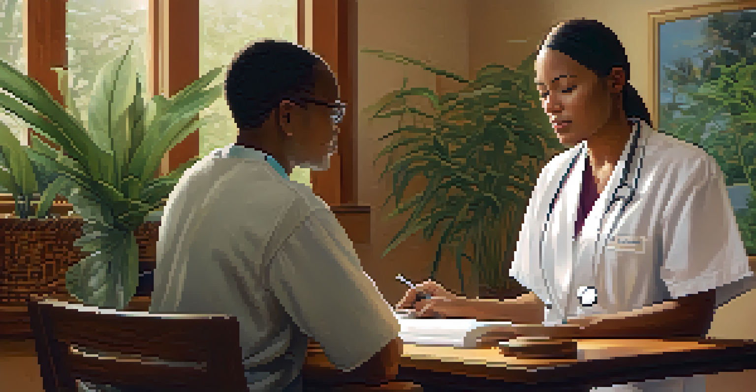 A healthcare provider explaining treatment options to a patient with visual aids in a warm and inviting setting.