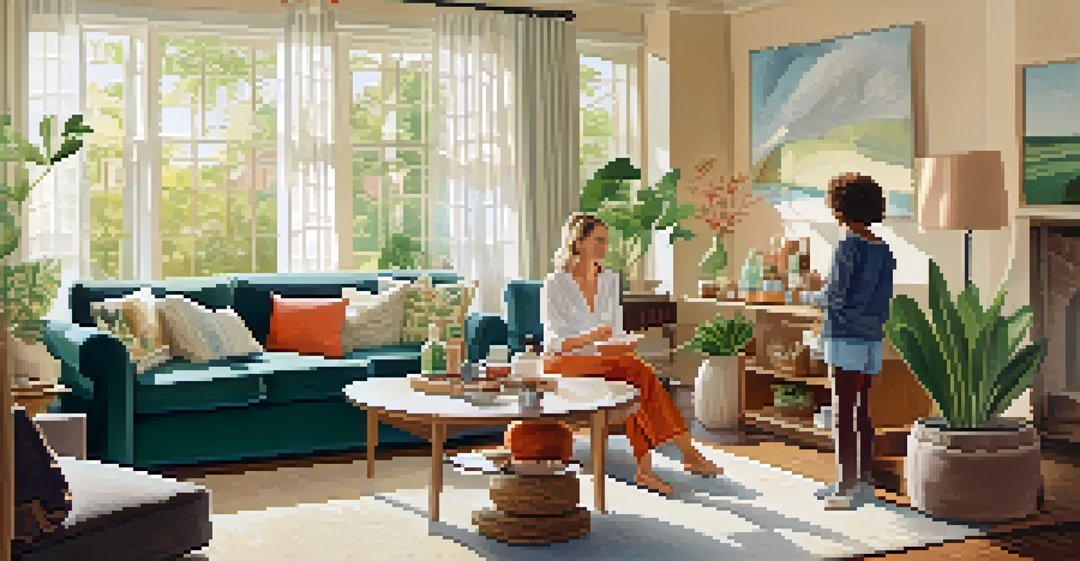 A family in a living room discussing eco-friendly household products with sunlight filtering through curtains.