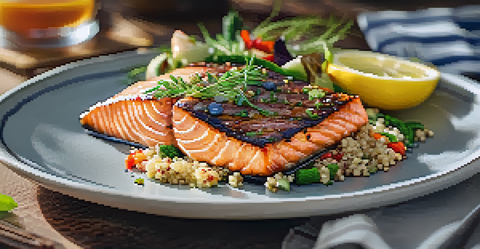 A close-up of a gourmet dish with grilled salmon, quinoa, and colorful vegetables, beautifully arranged on a plate.