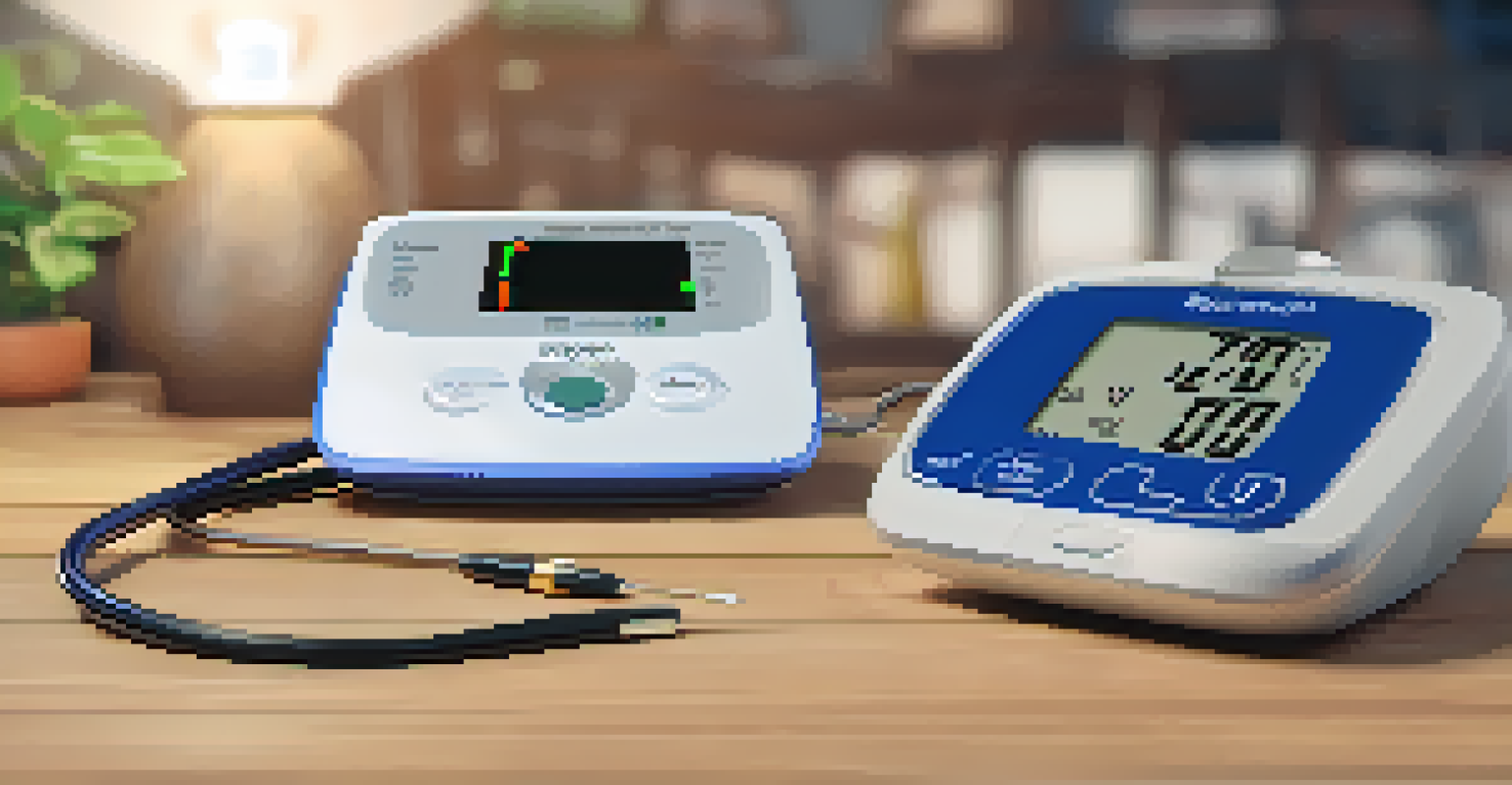A blood pressure monitor on a table, with a notepad and pen, in a cozy living room setting.