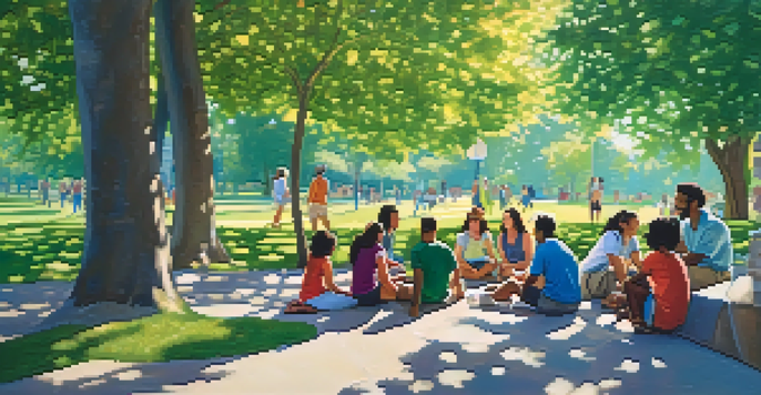 A diverse group of people in a park discussing health and wellness under a blue sky.