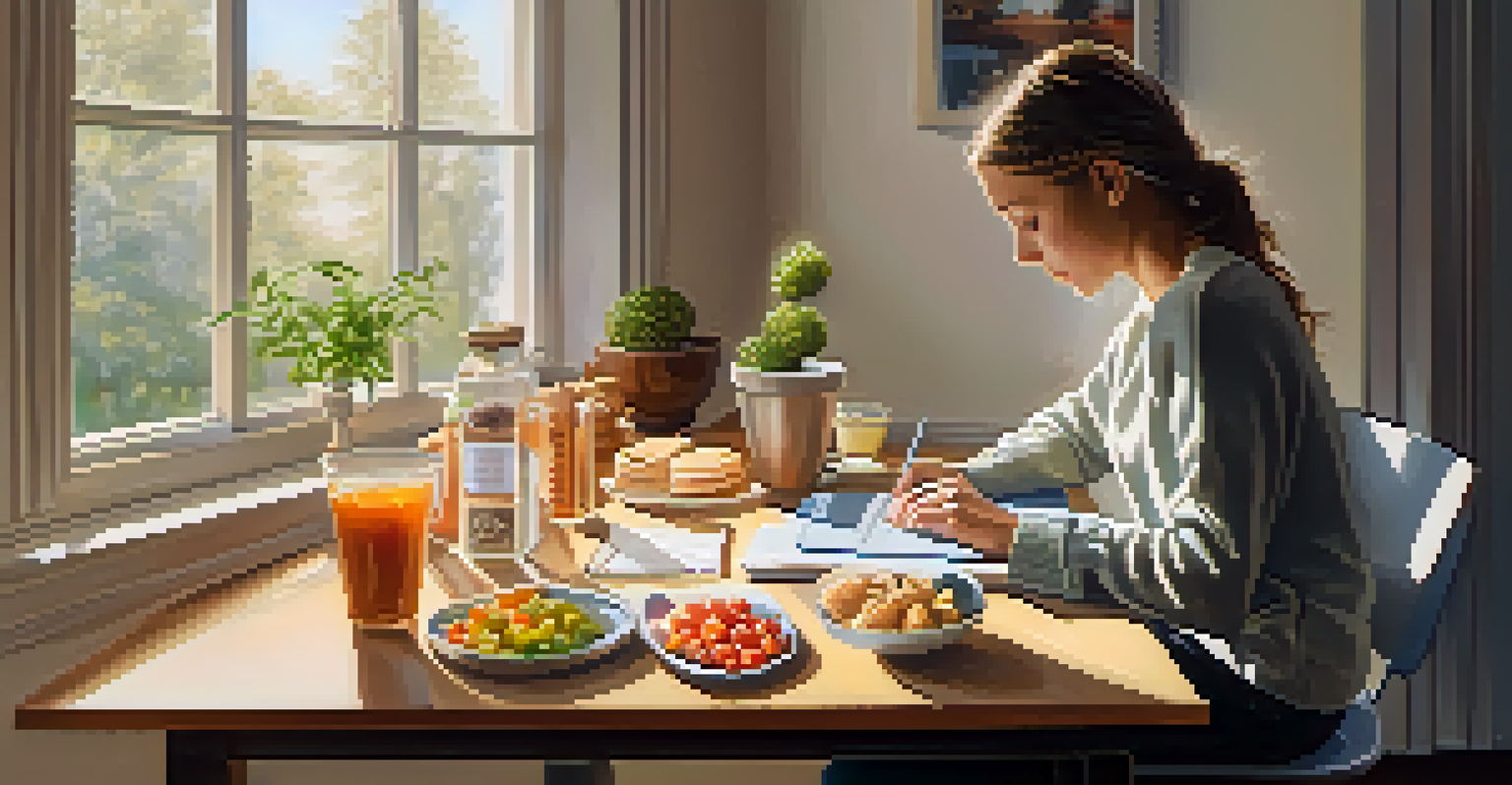 A person at a table with a laptop, reviewing a personalized nutrition plan, surrounded by healthy snacks and warm sunlight from a window.