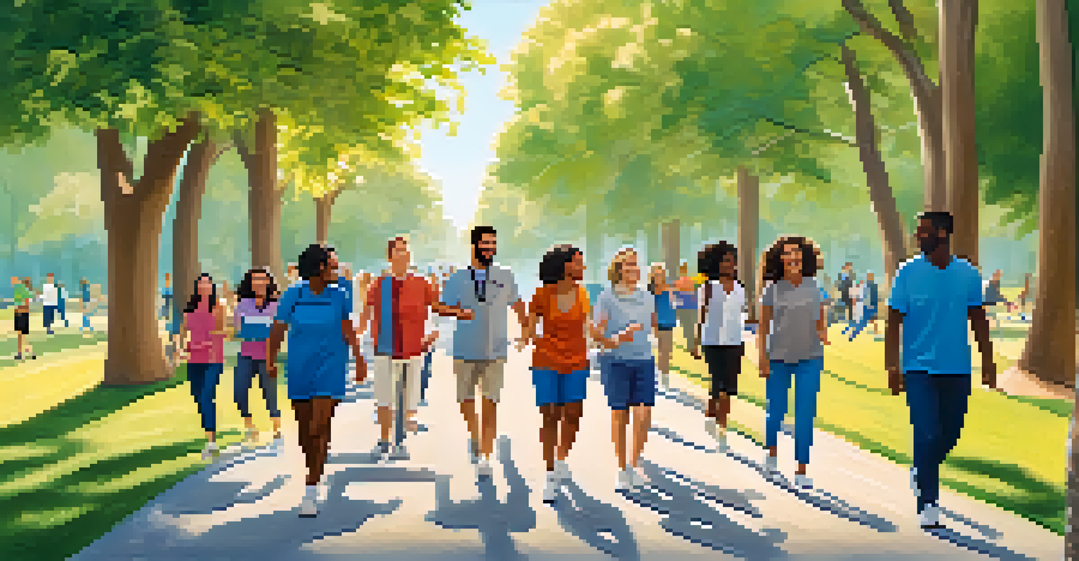 A diverse group of patients happily walking together in a park for a '30-Day Step Challenge', surrounded by trees and a clear sky.