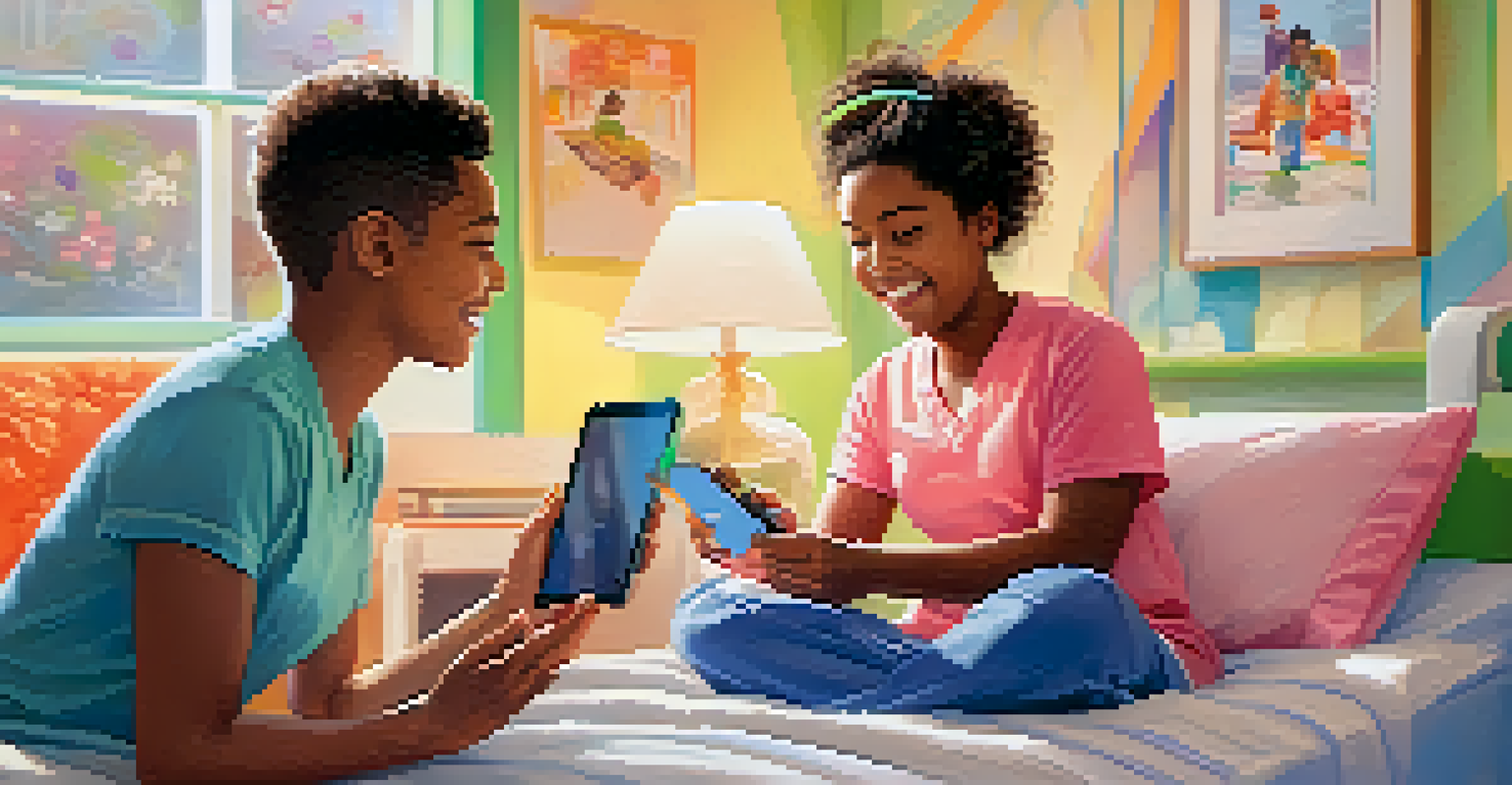 A young patient using a tablet in a cheerful bedroom to communicate with a patient advocate via a telehealth app.