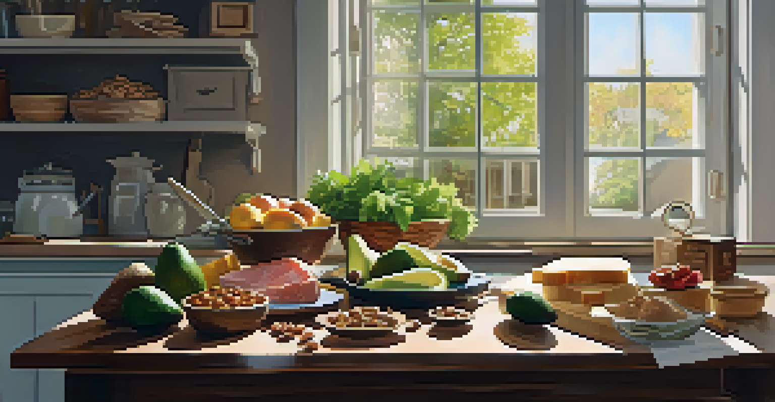 An elegant kitchen table with healthy foods like avocados, nuts, and lean meats, emphasizing healthy meal planning.