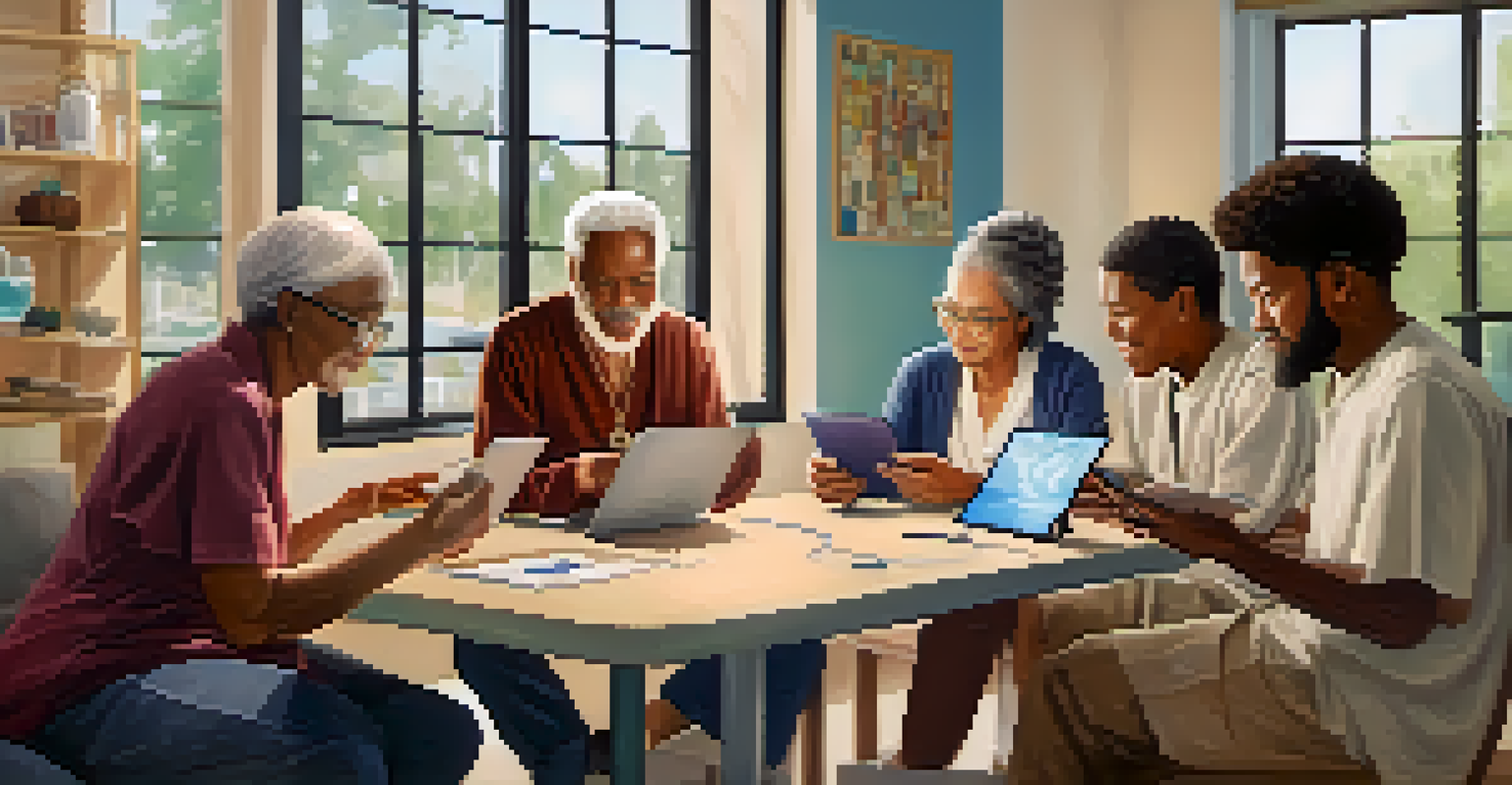 A diverse group of patients using digital therapeutic tools in a community health environment.
